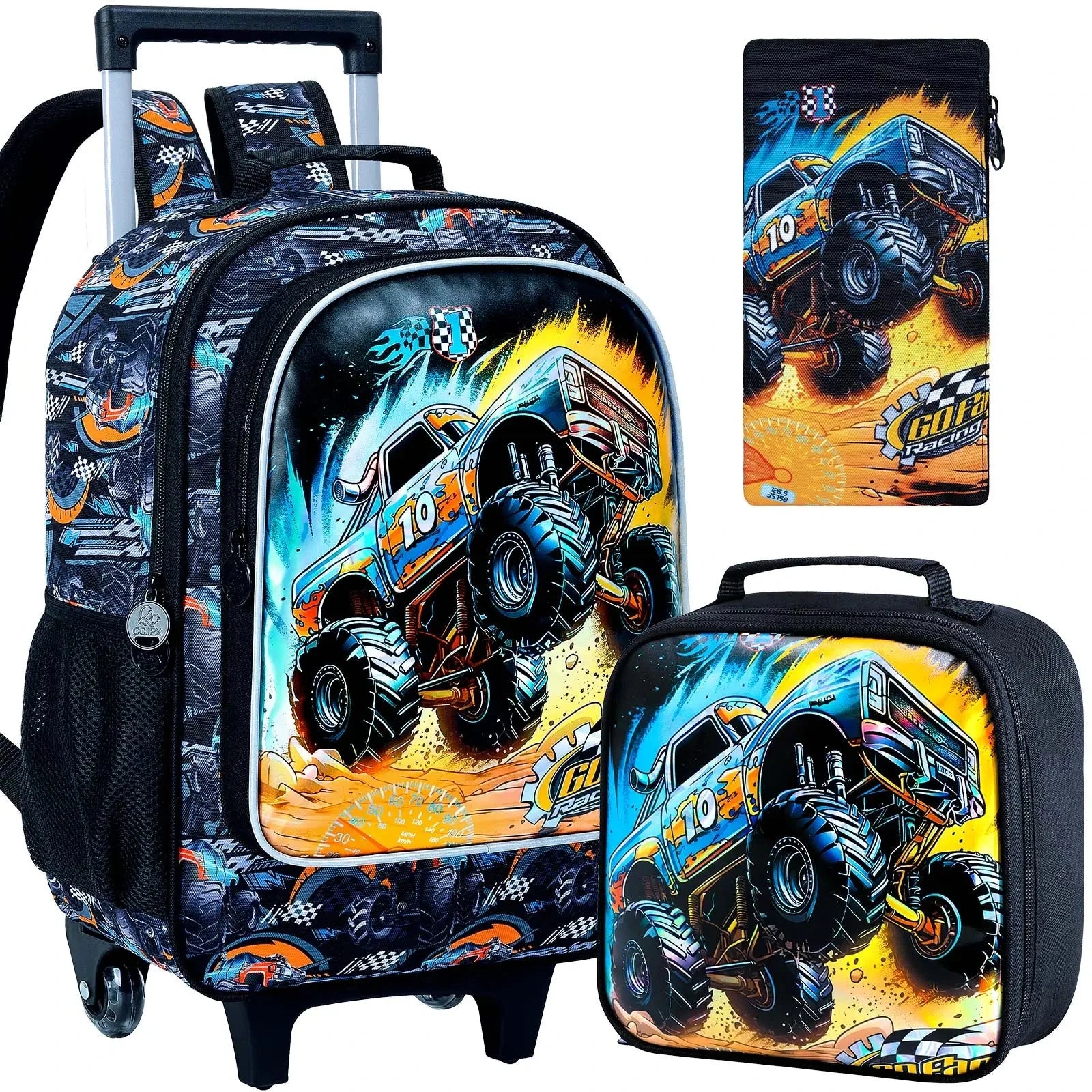 3PCS Rolling Backpack for Girls and Boys， Kids Race Wheeled Bookbag GlowCart