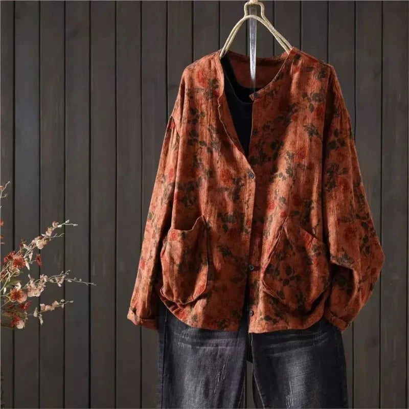 Retro Women Shirt 2025 Autumn New Casual O-Neck Button GlowCart