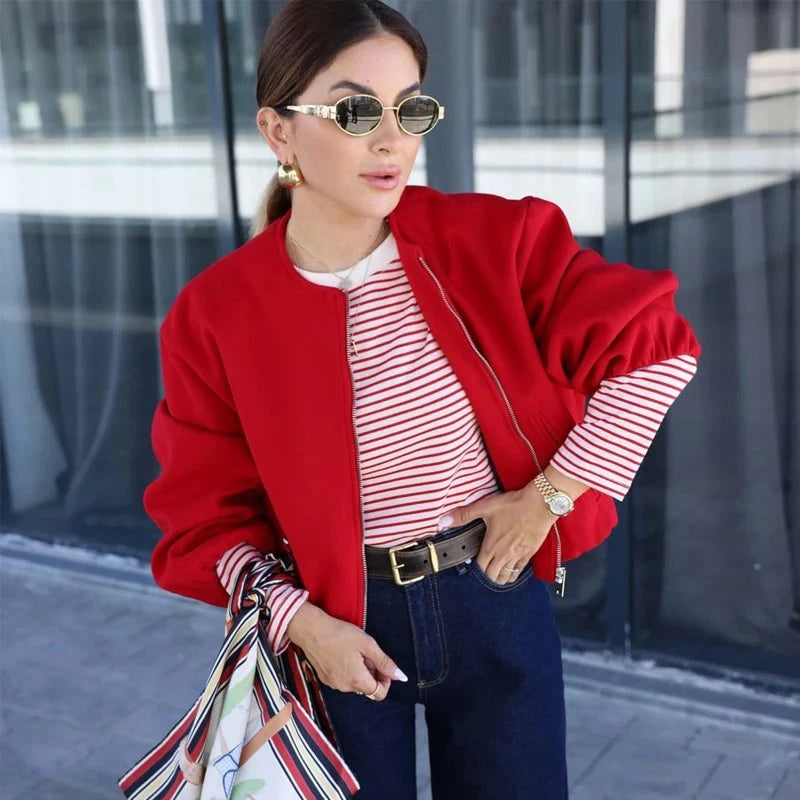 MUJER Red Zipper Bomber Jackets for Women Soft Cropped GlowCart