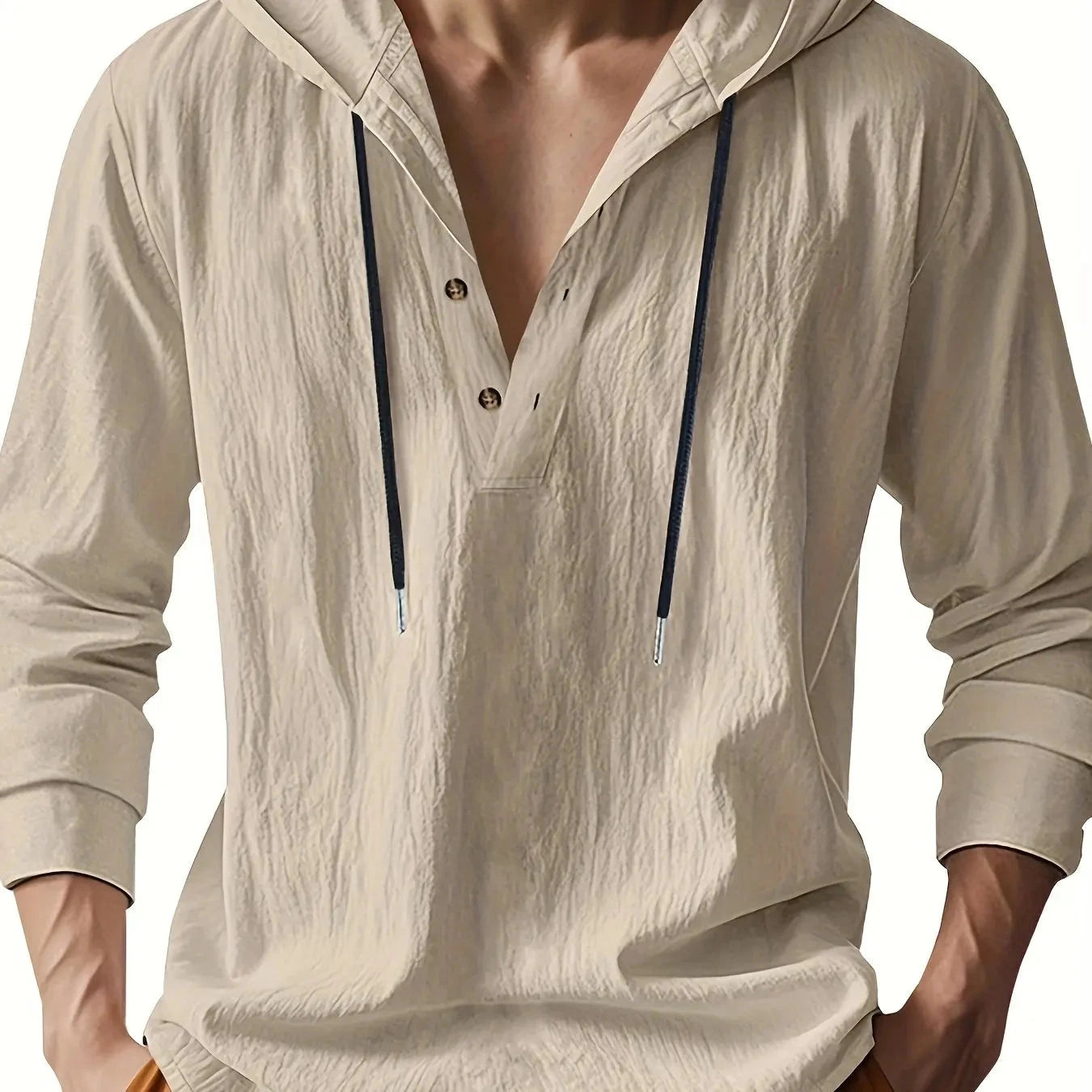 Men's Lightweight Linen Hooded Henley Shirt Casual Long GlowCart