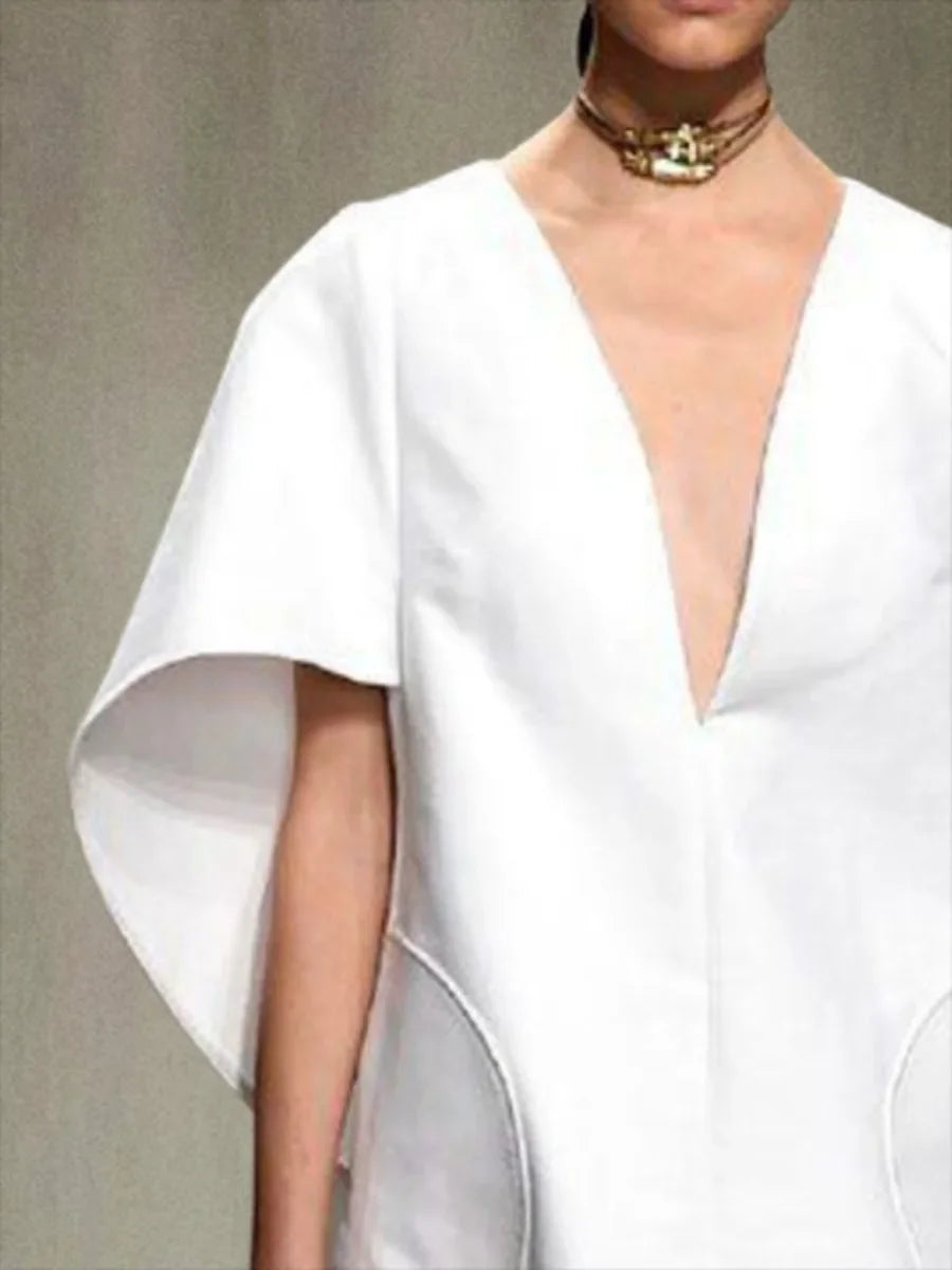 Yeezzi Fashion Black White Color Short Dress For Women 2025 New Spring Deep V-neck Half Sleeves Loose Prom Party Mini Dresses GlowCart