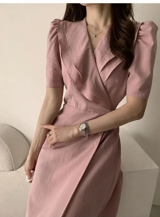 Summer New Chic V-ne Turn-down Collar Slimming Waist Midi Dr GlowCart