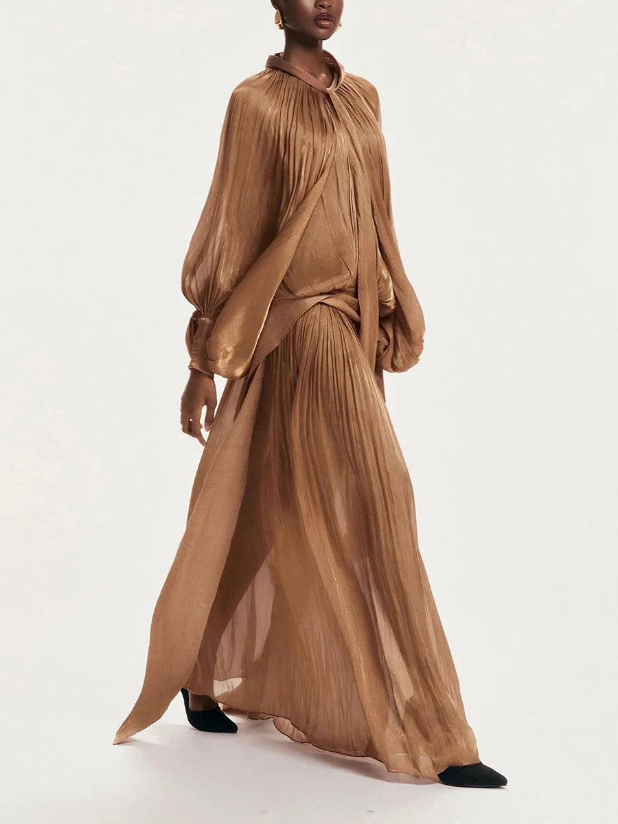 VGH Minimalist Spliced Folds Maxi Dresses for Women Scarf GlowCart