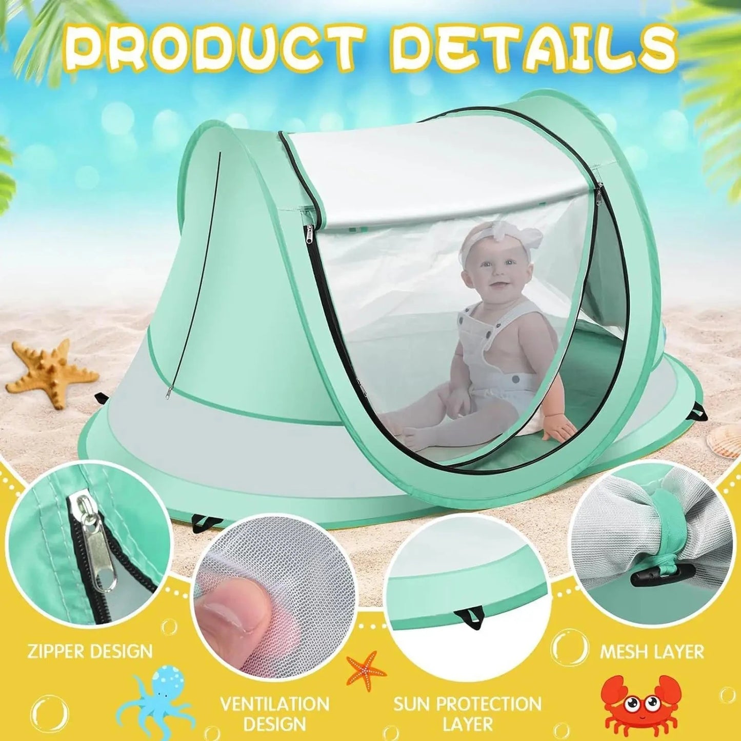 Beach Baby Shade Tent UV Resistant Toddler Dome Foldable GlowCart