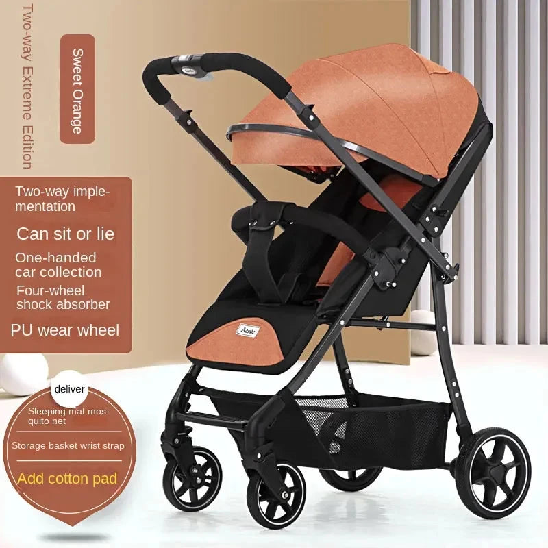 Portable Baby Stroller Can Sit and Lie Down With One Key Folding Bidirectional High View Shock Absorption Universal Wheel GlowCart