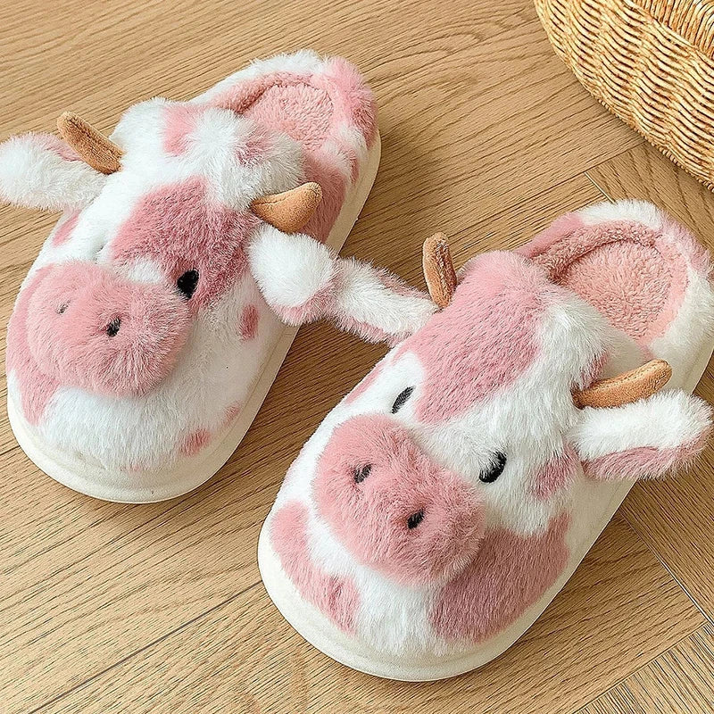 Women's Winter Warm Cartoon Cow Slippers Closed Toe Non Slip GlowCart