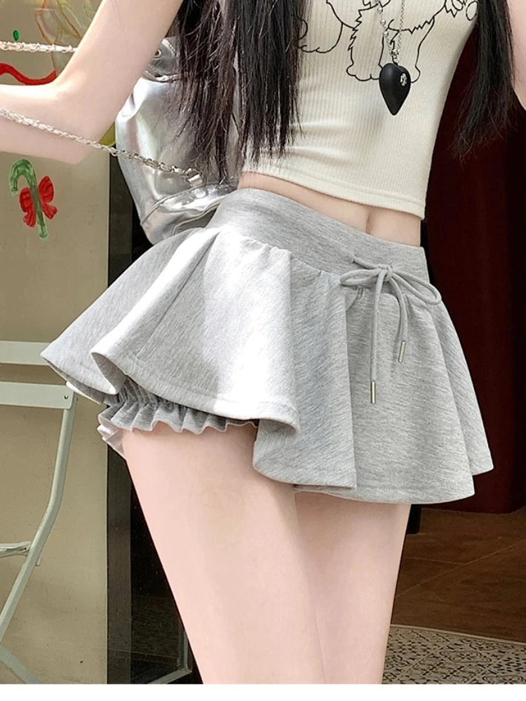 Sweet Ballet-style Grey Drawstring Skirt Women Korean GlowCart