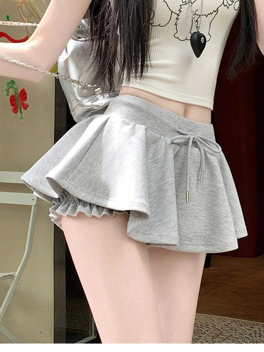 Sweet Ballet-style Grey Drawstring Skirt Women Korean GlowCart