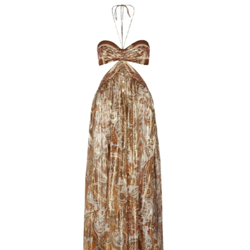 Sexy Print Hollow Out Strapless Women Dresses Beach Holidays Glitter Backless Off Shoulder Female Robe 2025 Summer Lady Dress GlowCart