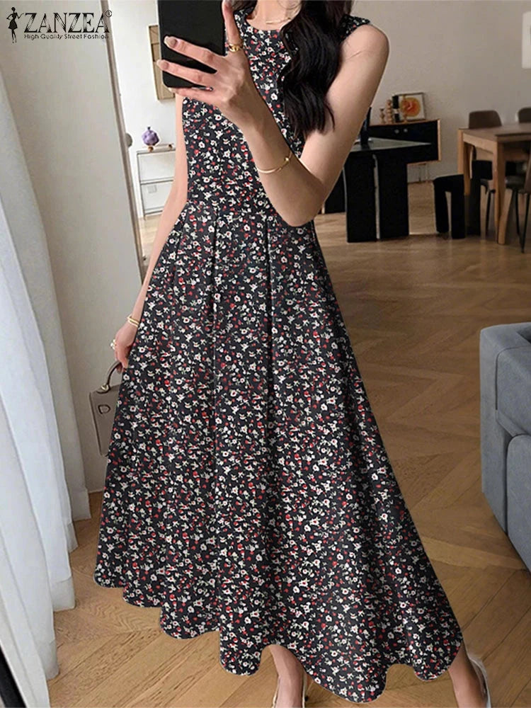 ZANZEA Women Sleeveless Pleated Dress 2025 Summer Korean GlowCart