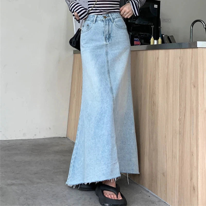 Autumn 2025 High Waist A-Line Denim Skirt for Women Y2K Style with Raw Hem Flared Maxi Bodycon Trend Retro GlowCart