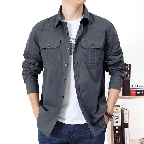 High-quality washed cotton shirt men's long-sleeved lapel GlowCart