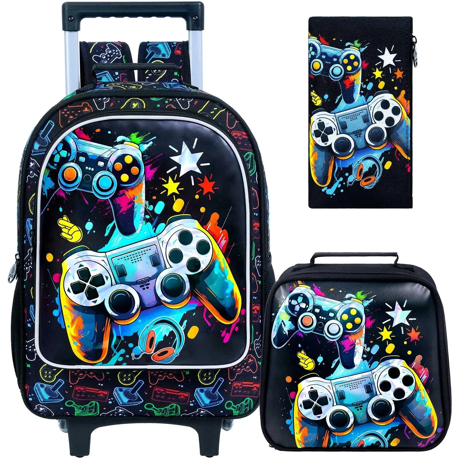 Rolling Backpack for Boys, 3PCS Kids Roller Bookbag with Lunch Bag, Wheeled School Bag for Children - Game Console GlowCart