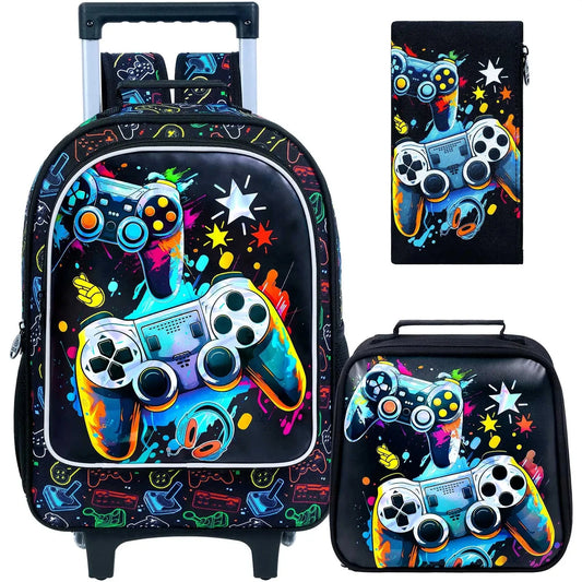 Rolling Backpack for Boys, 3PCS Kids Roller Bookbag with Lunch Bag, Wheeled School Bag for Children - Game Console GlowCart