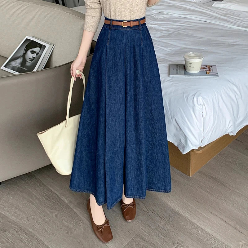 Seoulish Autumn High Waist Denim Women's Umbrella Skirts with Belted Korean Loose A-line Long Jeans Skirts Female 2025 New GlowCart