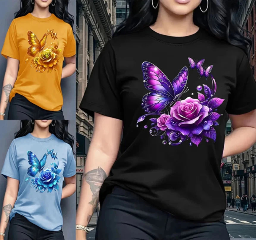 Women's Rose Butterfly Print Fashion Casual T-Shirt Short GlowCart