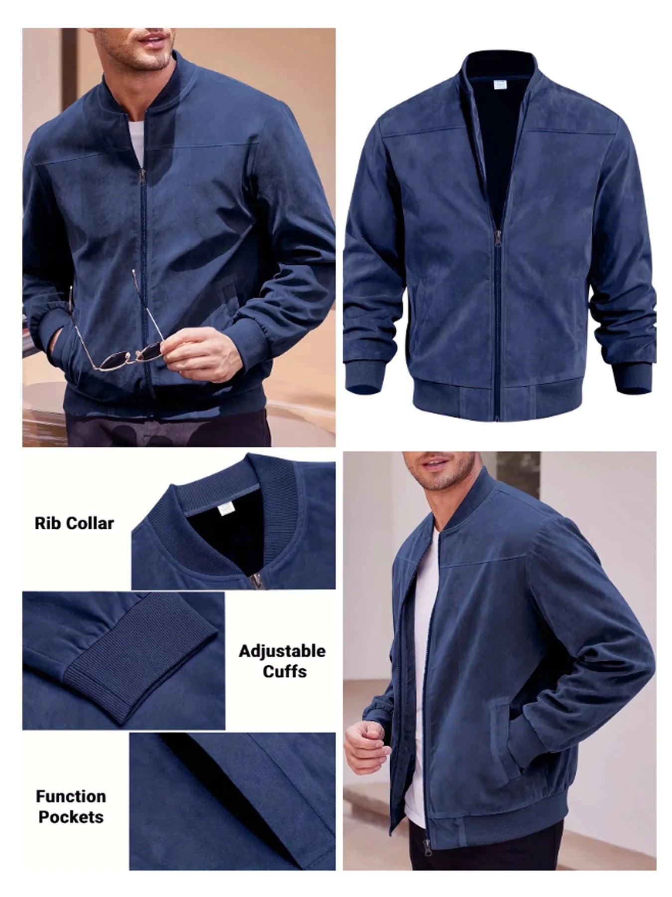 Men's suede nap fabric casual jacket Round neck zipper Solid GlowCart