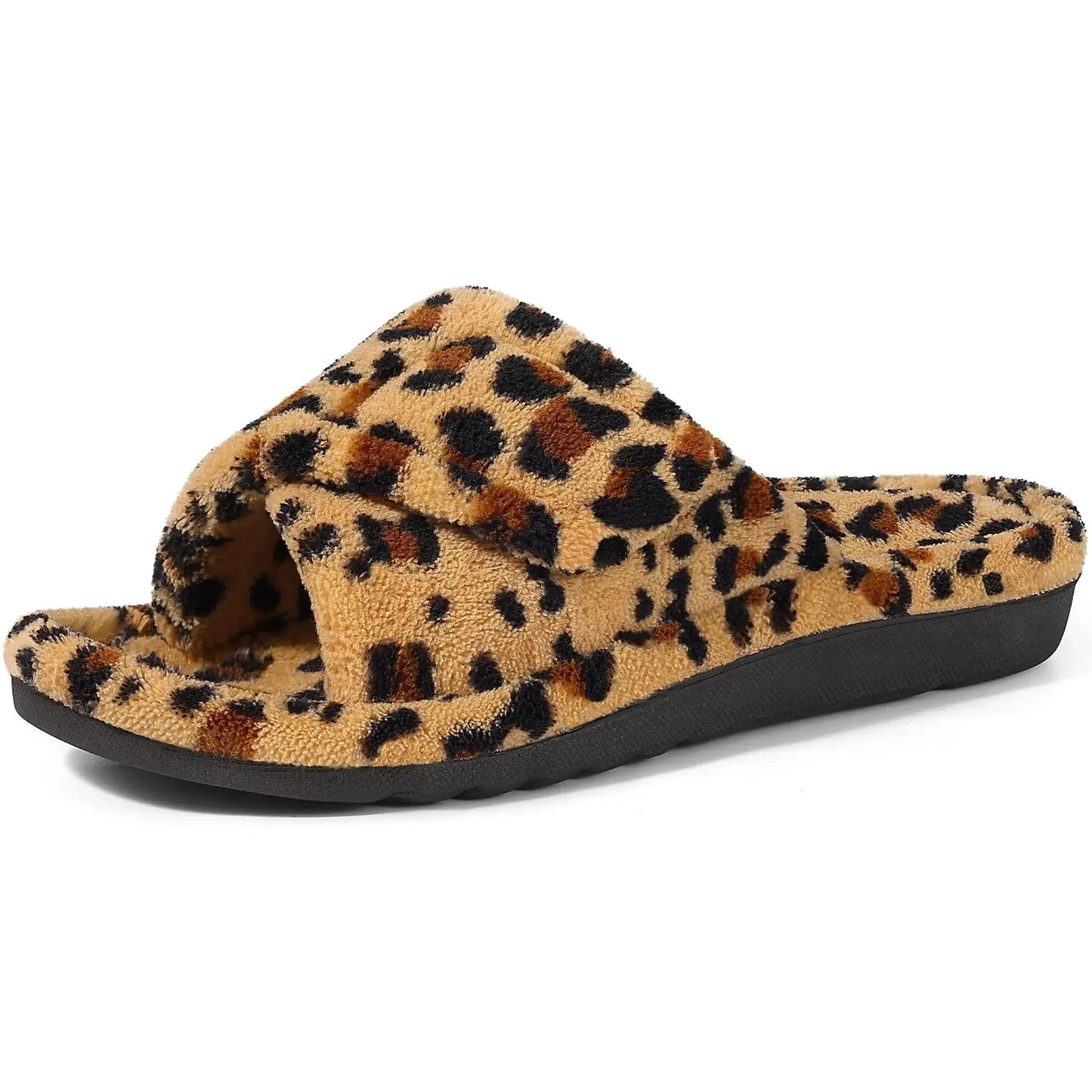 Shevalues Leopard Print Fur Women Slippers Fuzzy House Slippers Winter Open Toe Cotton Slippers Fashion Indoor Orthopedic Slides GlowCart