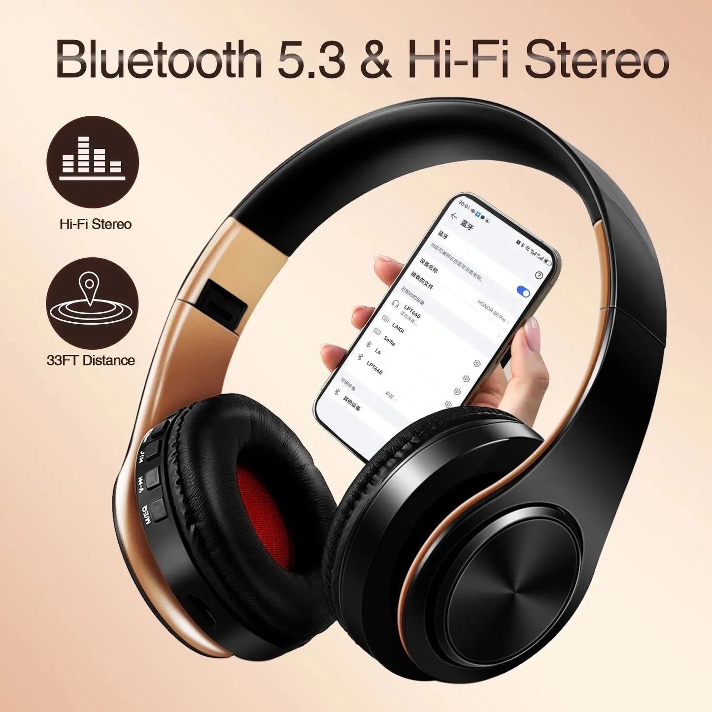 Men Gift Gold Wireless Headphones Bluetooth Earphone Stereo GlowCart
