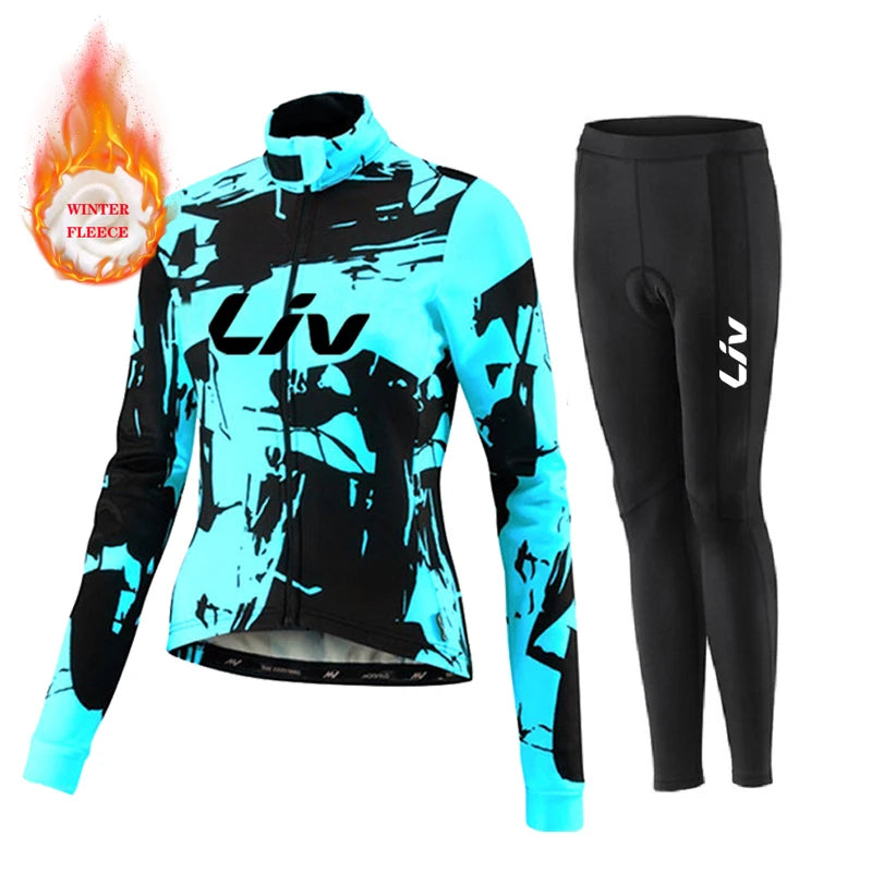 Liv Women Team Winter Fleece Long Sleeve Cycling Jersey Set Mountian Bicycle Clothes Wear Ropa Ciclismo Racing Bike Jersey Suit GlowCart
