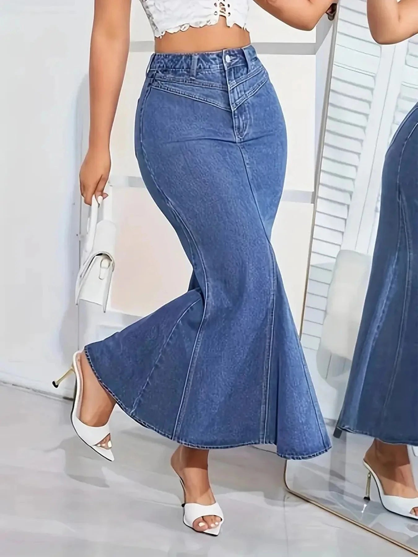 Ladies Retro Fashion Denim Fishtail Skirt, Slim Fit, Mid-Waist, Elastic, Stylish Denim Half Skirt GlowCart