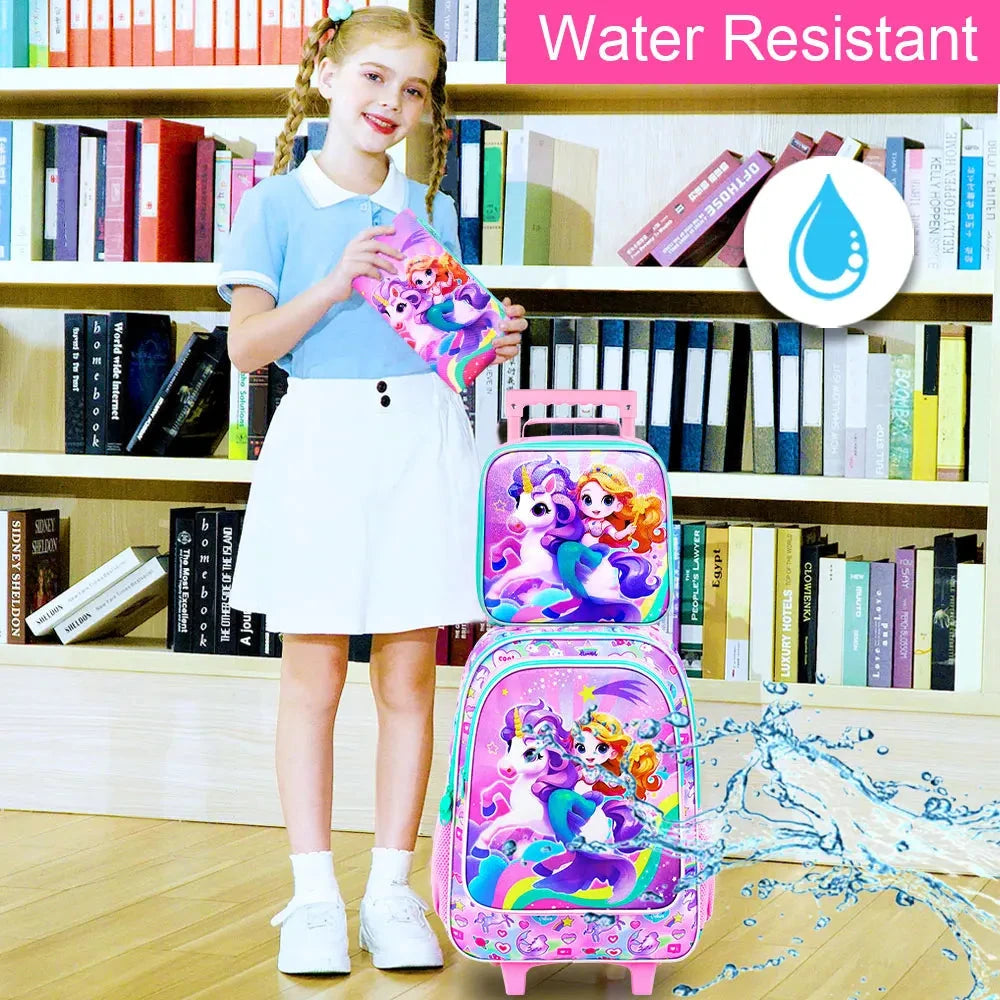 4PCS Rolling Bookbag for Girls, Cute Kids Mermaid Wheeled Backpack，Unicorn Roller School Bag with Wheels for Elementary Preschoo GlowCart