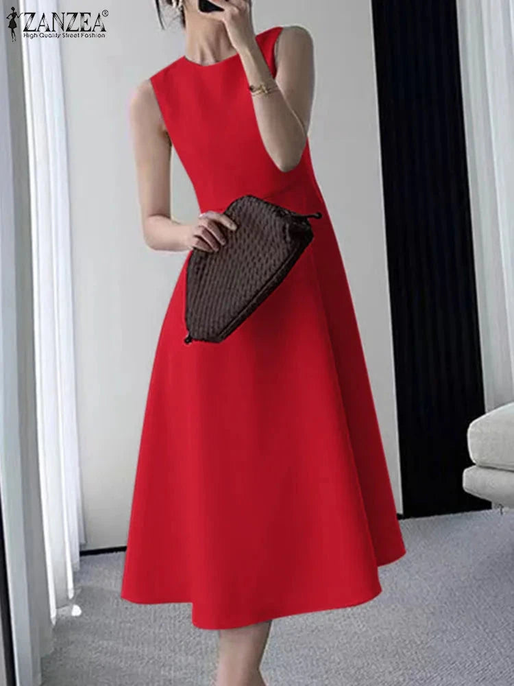 ZANZEA Women Sleeveless Pleated Dress 2025 Summer Korean GlowCart