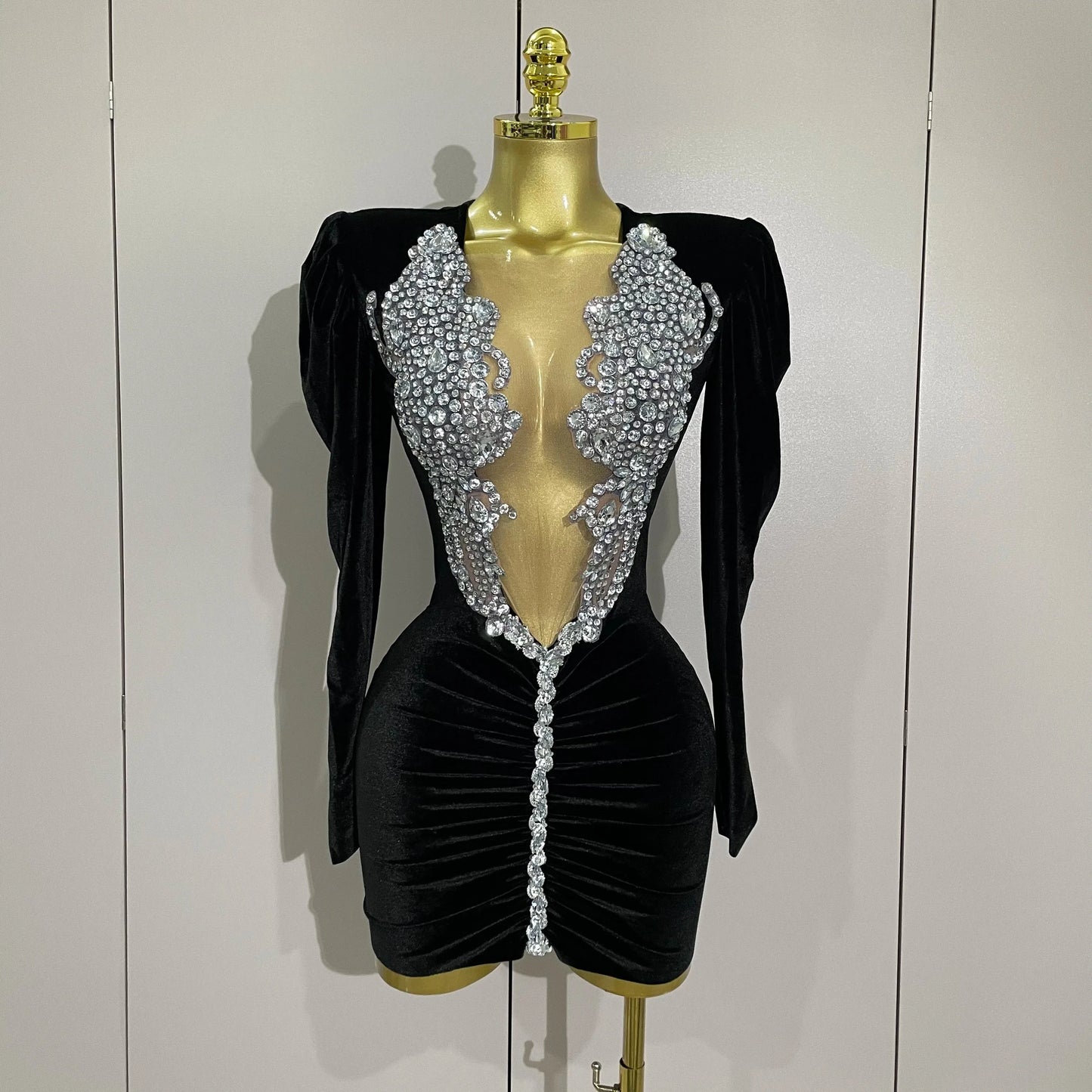 Luxury Sparkly Crystals Sexy Mesh White Velvet Short Dress GlowCart