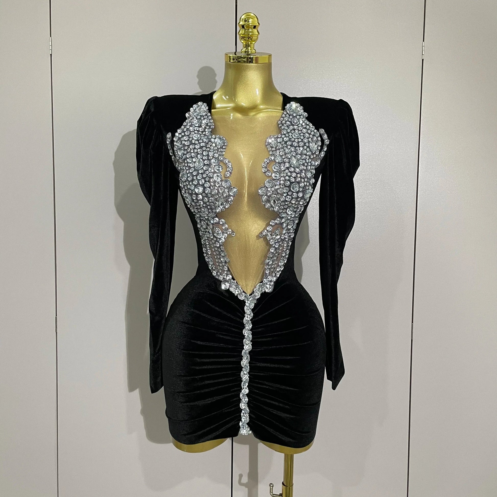 Luxury Sparkly Crystals Sexy Mesh White Velvet Short Dress GlowCart