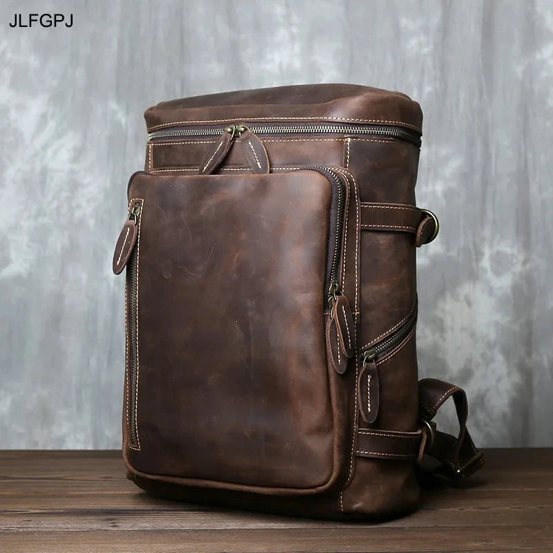 Retro Crazy Horse Leather Vertical Style Backpack Men's Head GlowCart