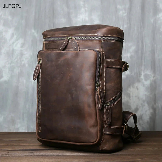 Retro Crazy Horse Leather Vertical Style Backpack Men's Head GlowCart