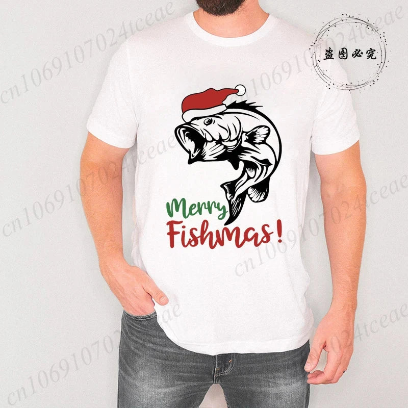 Fishing Christmas Men's T Shirts Merry Fishmas Print Tees GlowCart
