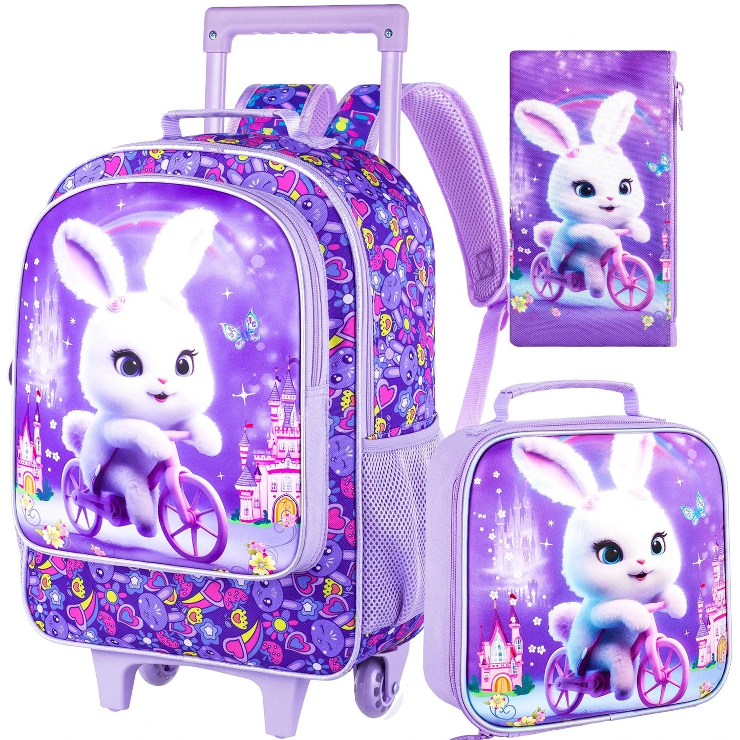3PCS Rolling Backpack for Girls and Boys, Kids Roller Wheels Bookbag, Wheeled Elementary School Bag with Lunch Bag GlowCart