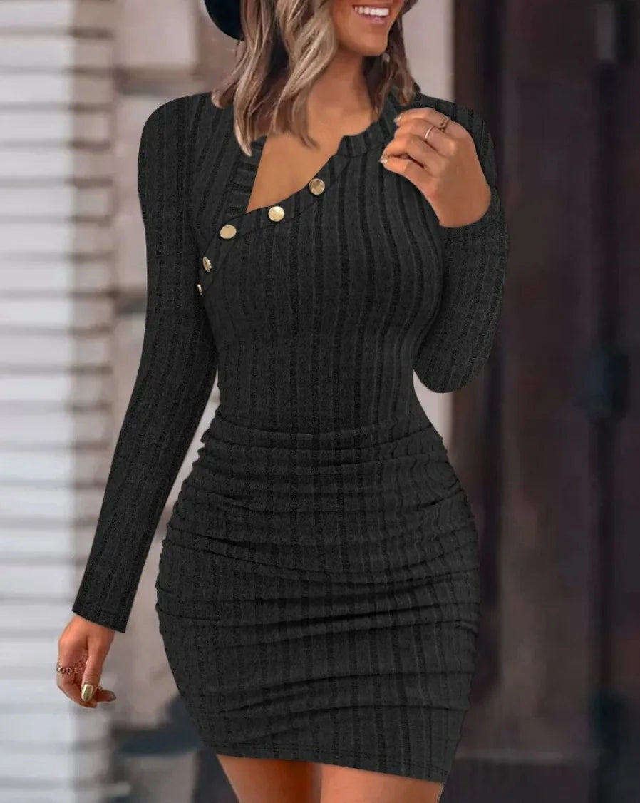 Button Crewneck Bodycon Dresses for Women Solid Color Ribbed Mini Wrap Dress Slim Fit Ruched Knitted Sweaters Dress GlowCart