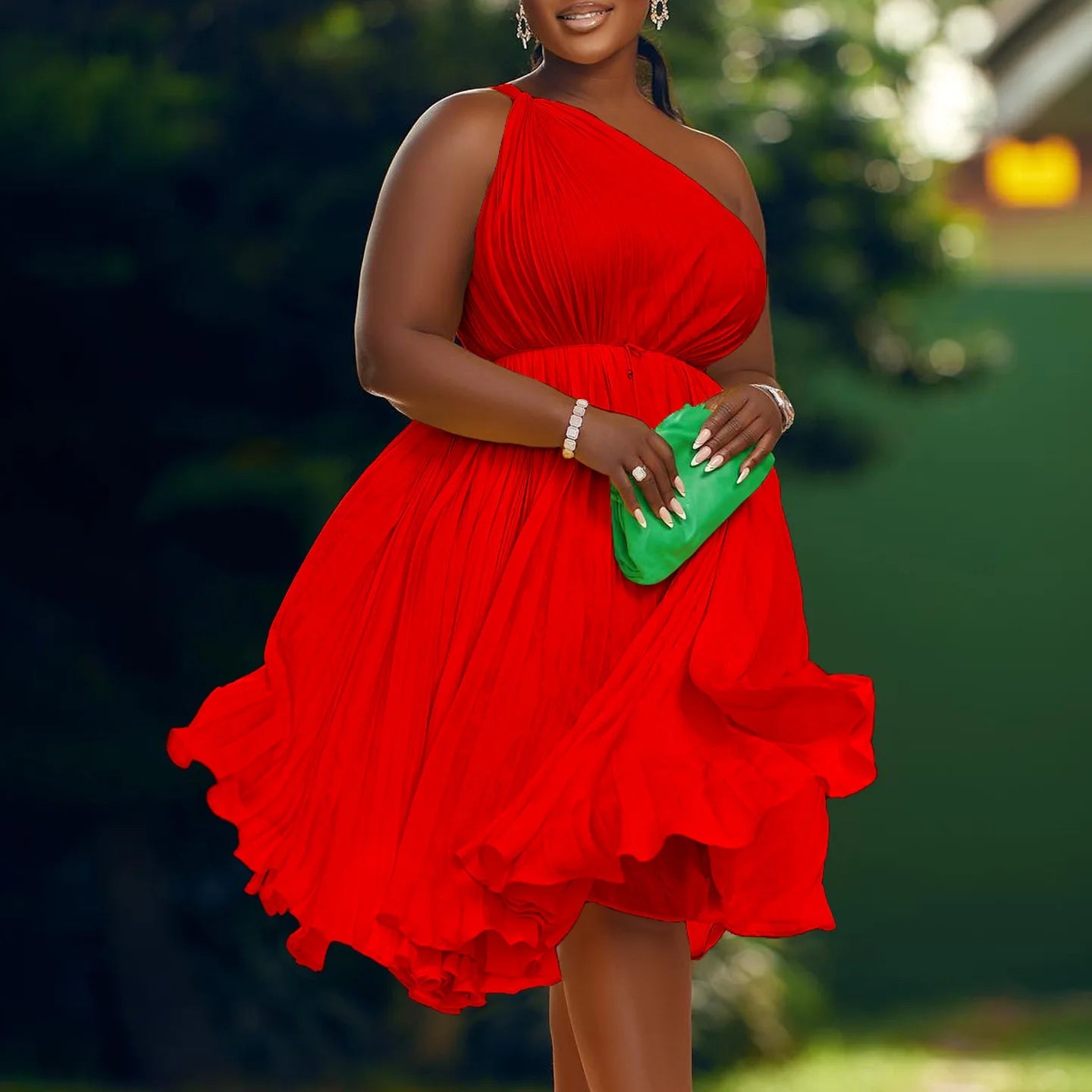 CM.YAYA Women One Shoulder Sleeveless Big Swing Pleated Knee Length Dress 2023 Fashion Street Vestidos Sexy Chic Dresses GlowCart