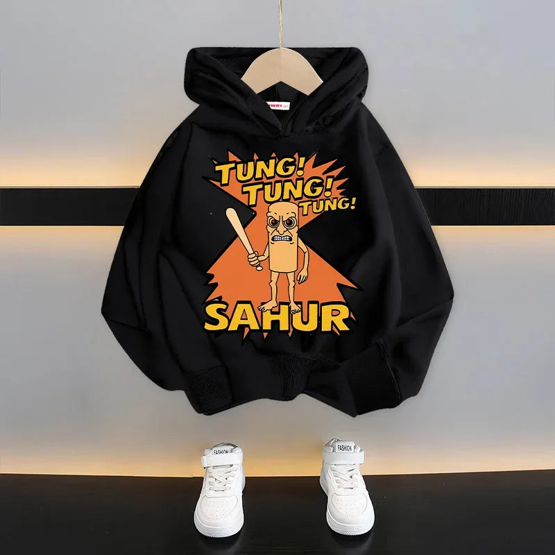 Italian Brainrot Kids Hoodie Funny Cartoon Graphic Thin Sweatshirts Tung Tungtung Sahur Casuals Long Sleeves Tops Boys Clothes GlowCart