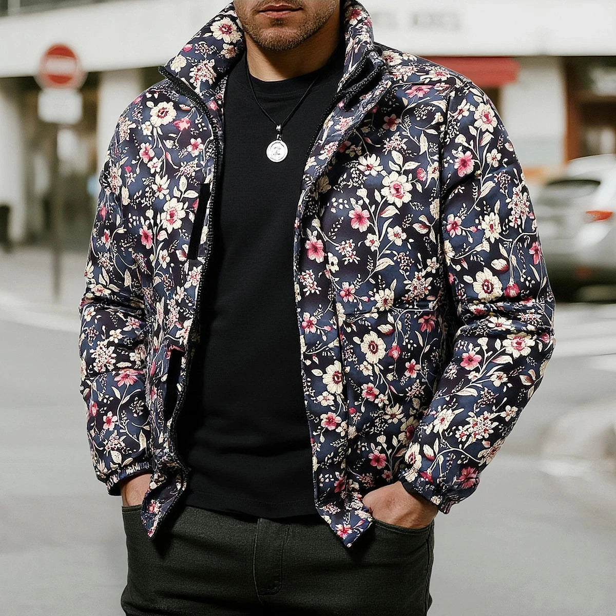 Winter Arrival Men's Beige Long-Sleeve Printed Thick Jacket, GlowCart