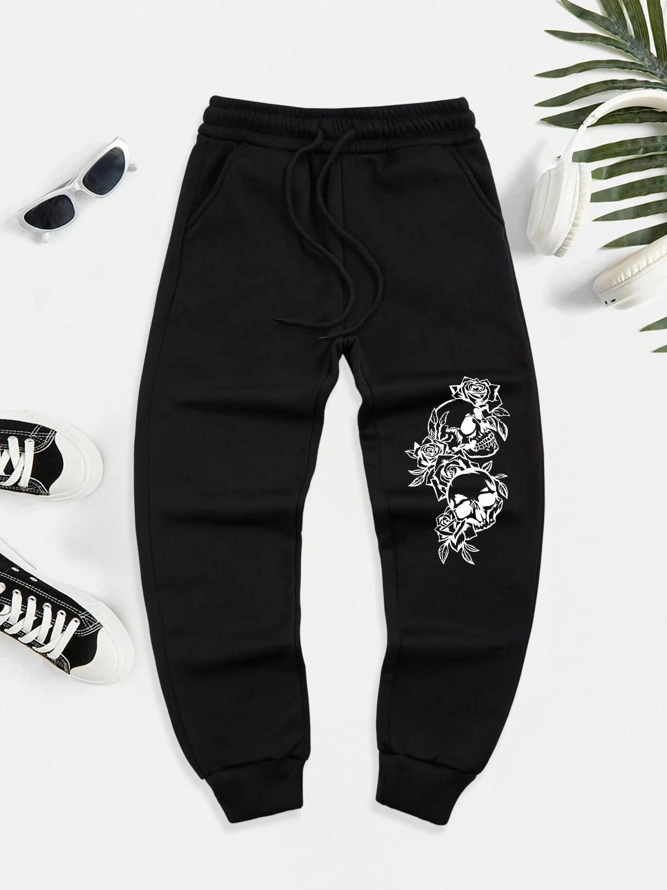 Skeleton Surrounded By Roses Printed Warm Men Long Pant GlowCart