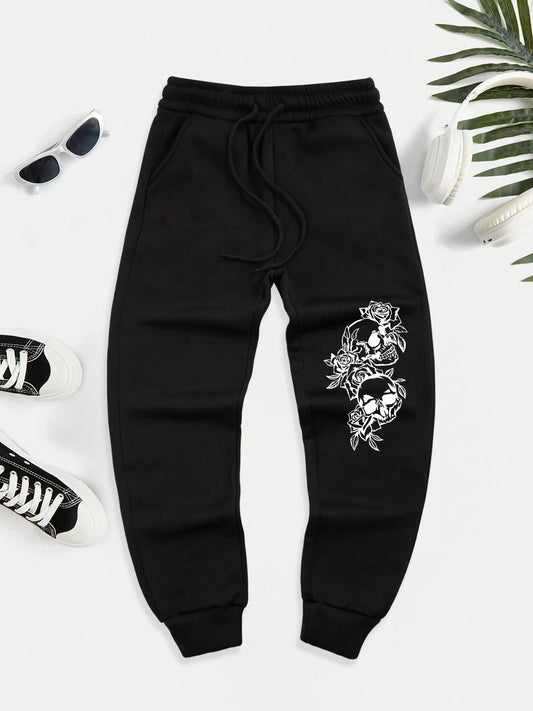 Skeleton Surrounded By Roses Printed Warm Men Long Pant GlowCart