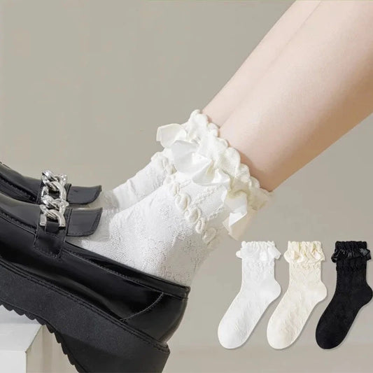 3 Pairs Woman Lolita Cute Black White Socks Set Spring GlowCart
