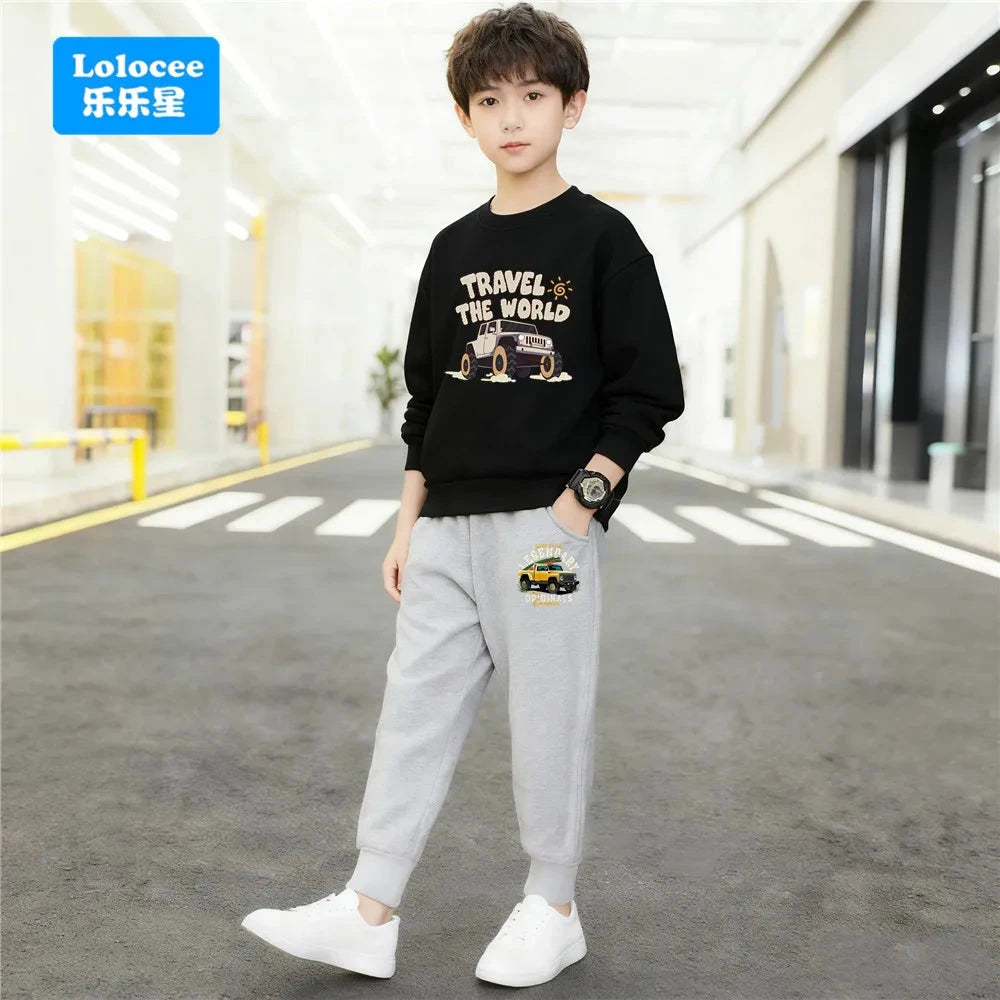 Spring/Autumn Children's Clothing Sets Cartoon Monster Print Boys' O Neck Sweatshirt Pants Two Piece Pullover Set for Kids GSJX1 GlowCart