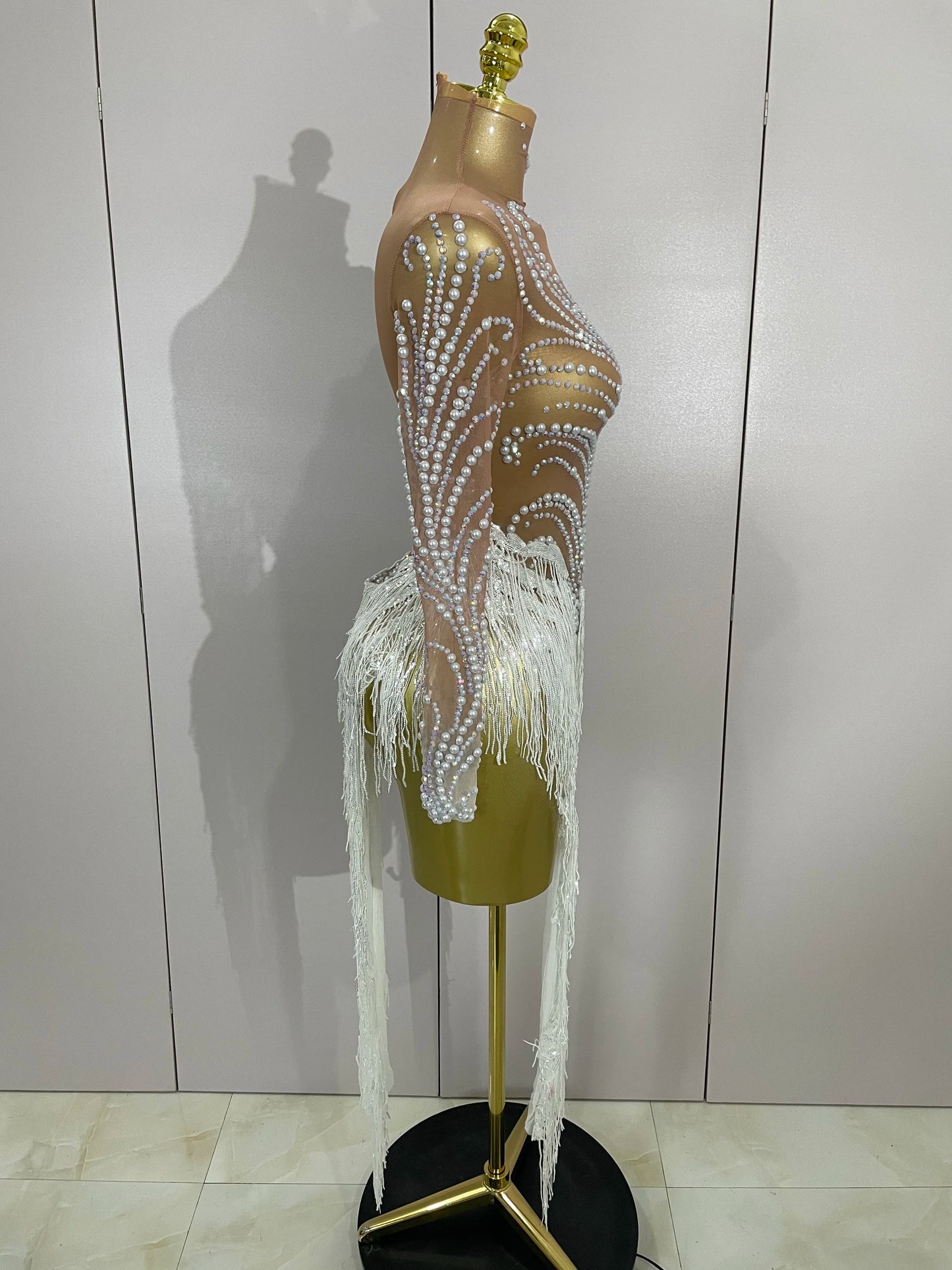 Women Sparkly Rhinestone Pearl Sequins Tassel Sexy