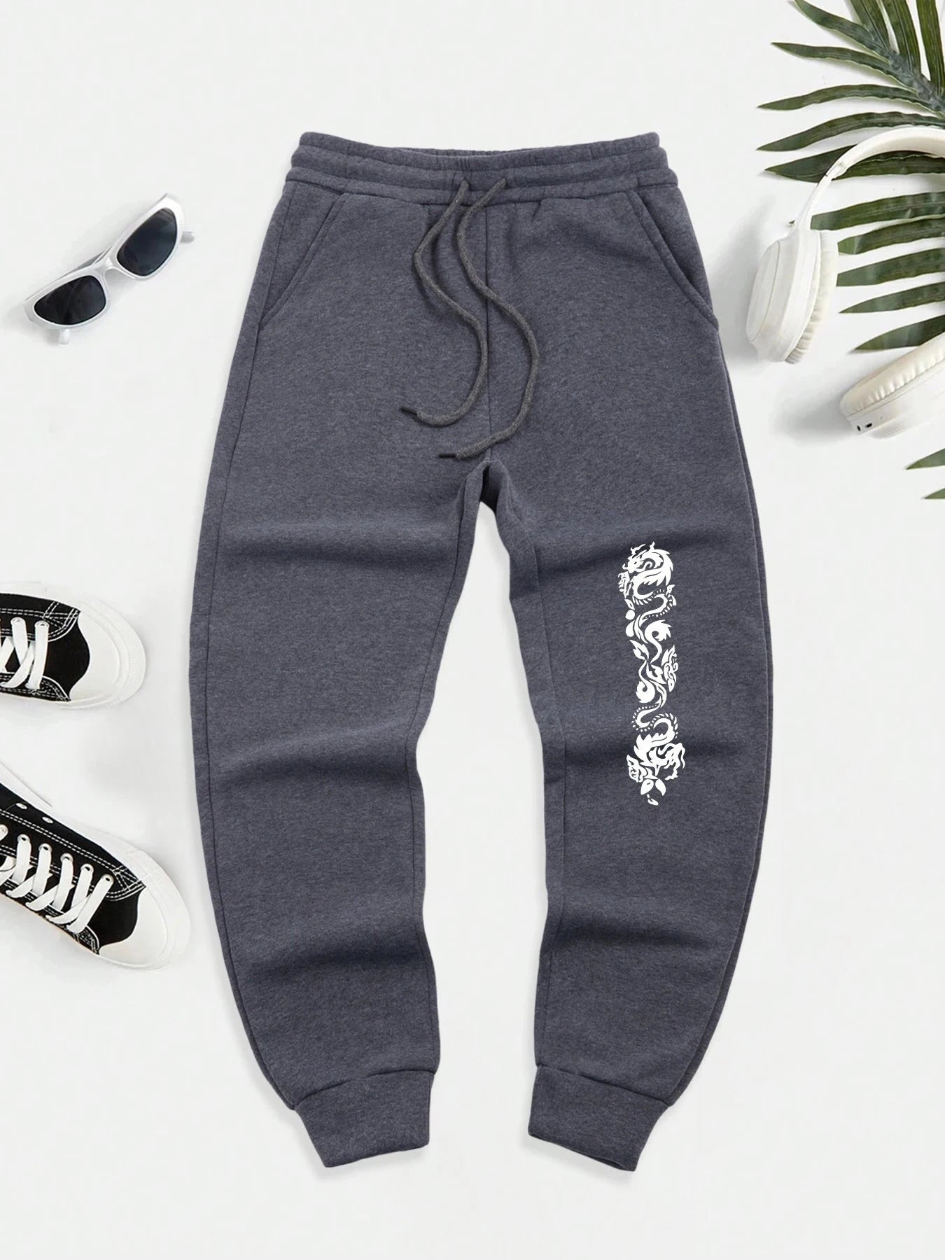 Creative Double Dragon Prints Sweatpants Men Street Fleece GlowCart