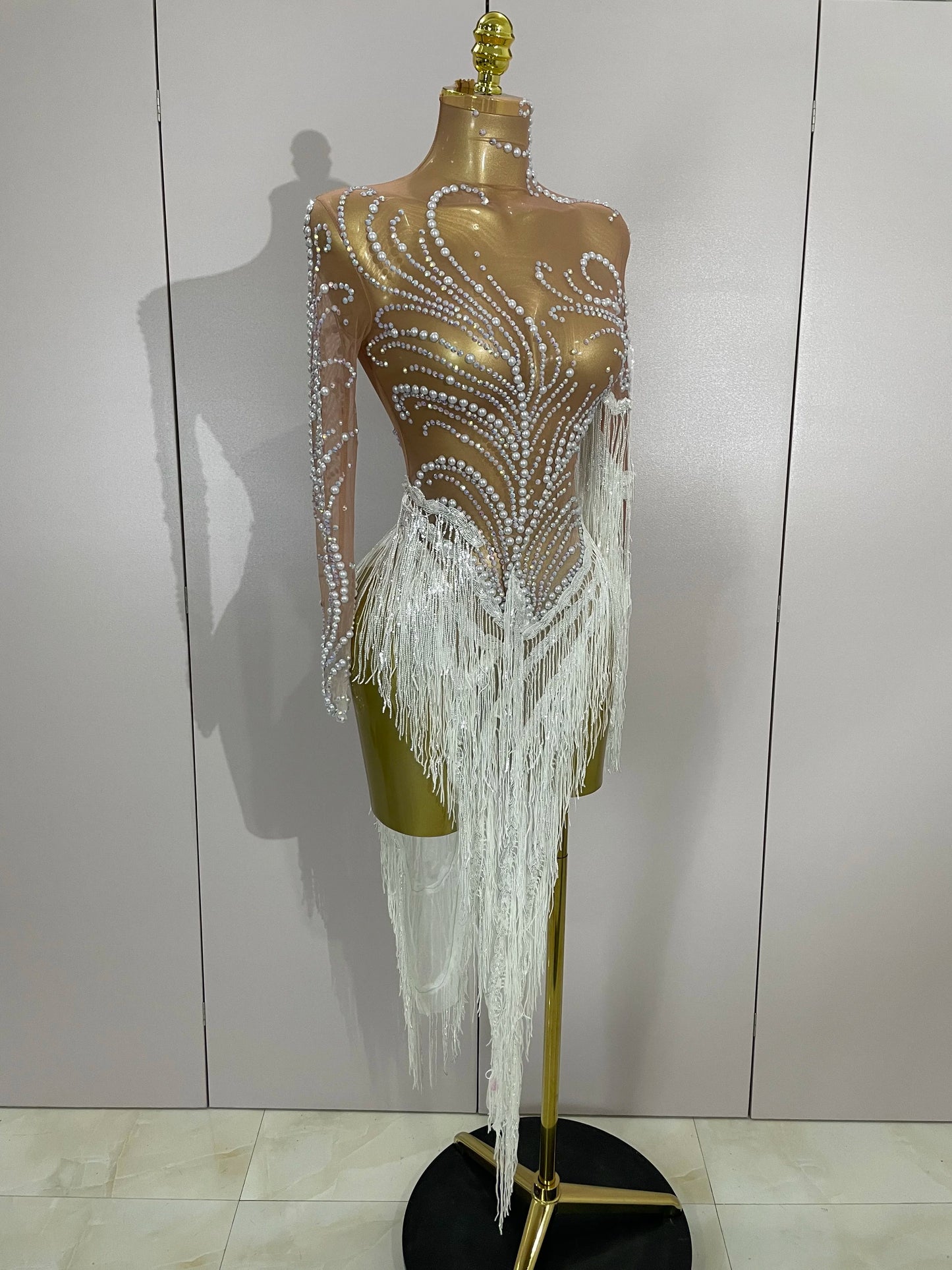 Women Sparkly Rhinestone Pearl Sequins Tassel Sexy