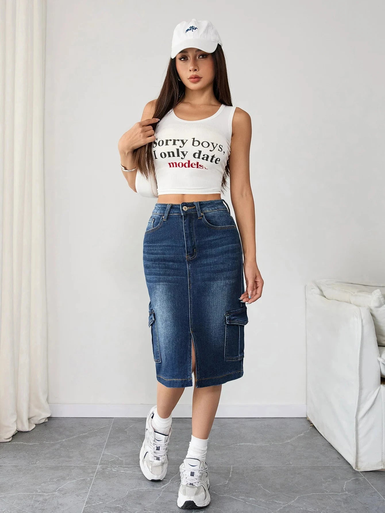 French Vintage Women's Cargo Denim Skirt Button Front Design High Waist Fashion Clothing Casual Outfit Elegant Feminine Style GlowCart