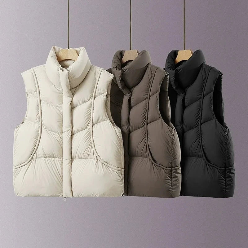 Autumn Winter Stand Collar Curved Puff Down Vest Women White GlowCart