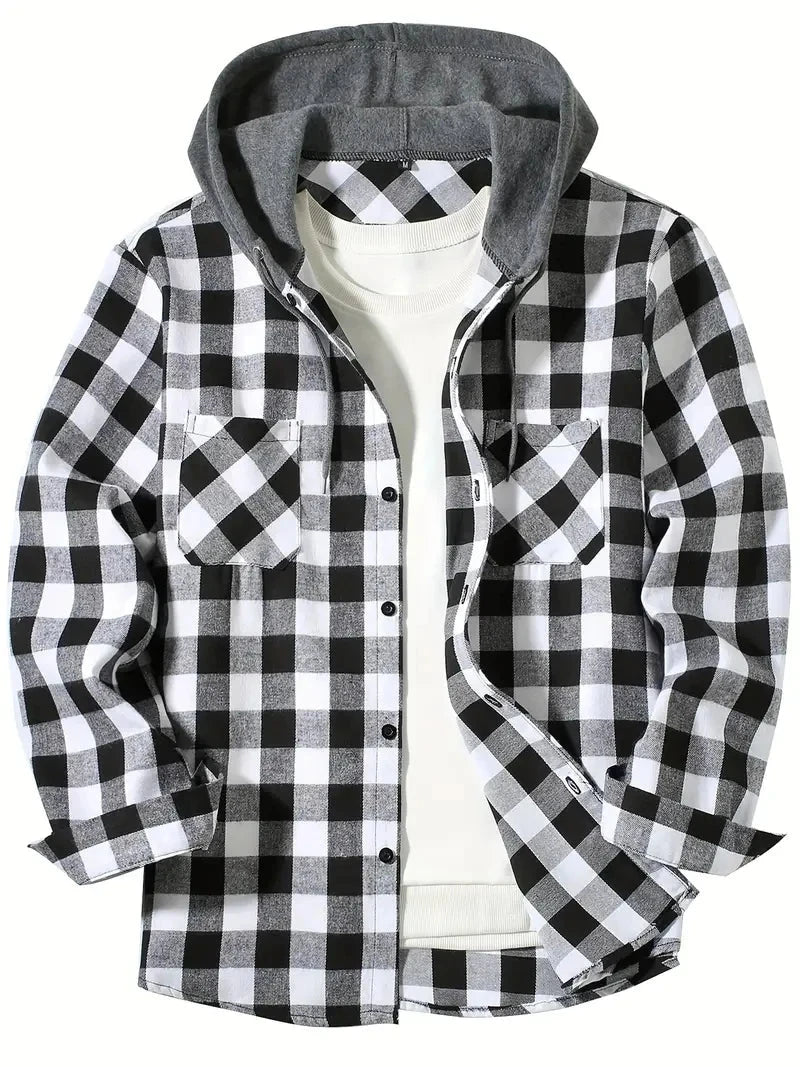 Youth Fashion Street Hooded Plaid Shirt Men's Slim Fit Long GlowCart