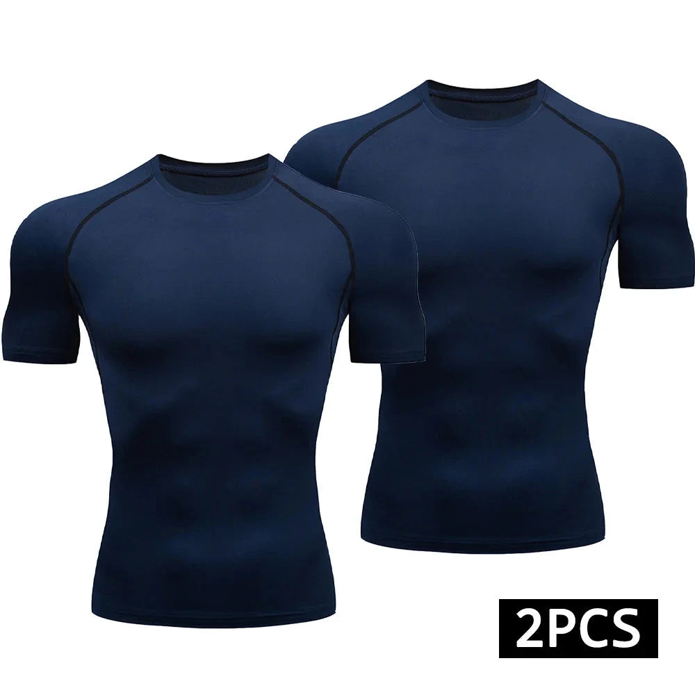 2-Piece Compression T Shirt Men Summer Sportswear Running T-shirt Elastic Quick Dry Sport Tops Athletic Gym Workout Shirts Men GlowCart