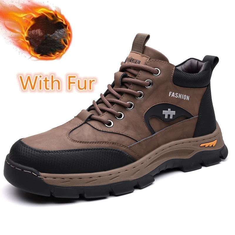 Men's Lace-Up High Top Shoes Fashion Leather Casual Shoes for Man Outdoor Motorcycle Boots Male Ankle Botas Warm Walking Boots GlowCart