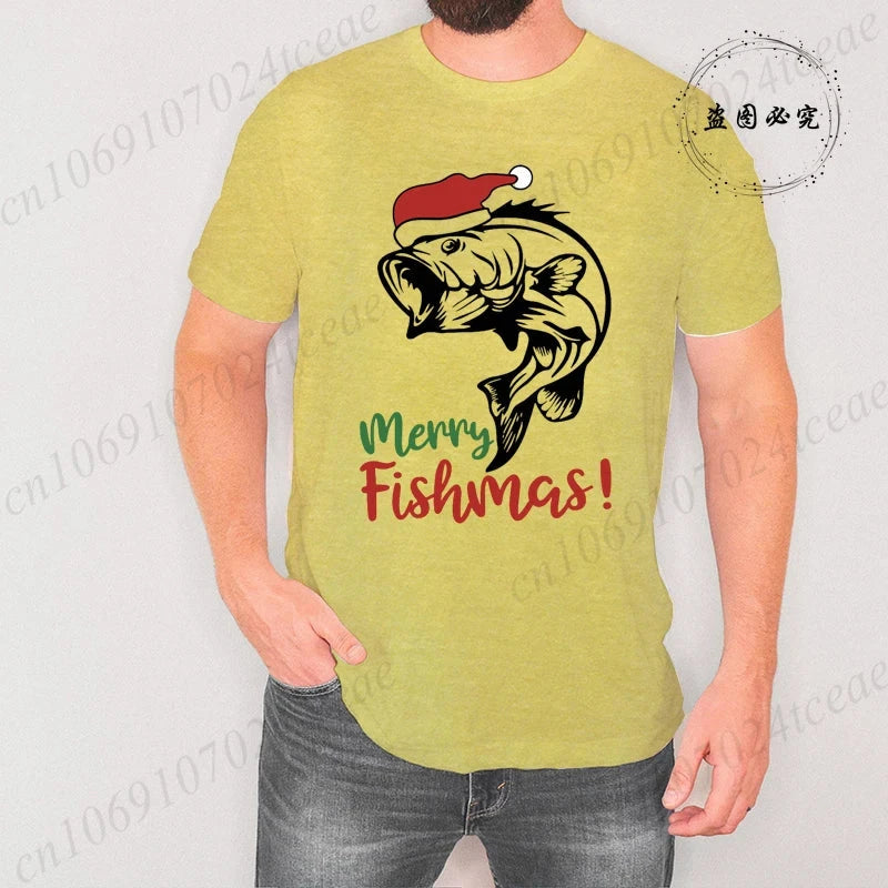Fishing Christmas Men's T Shirts Merry Fishmas Print Tees GlowCart